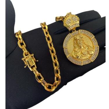 Imagem de Cordão Cadeado 8mm + Pingente Jesus Face 3D - Banhado a Ouro - ToJoia1