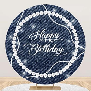 Imagem de DORCEV Colar de pérolas brilhantes de 2 x 2 m, capa de fundo redonda de feliz aniversário, azul jeans, luxuoso, diamante, diamante, decoração de festa de aniversário, fotografia, fundo para meninas,
