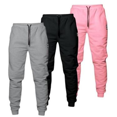 Imagem de Kit 3 Calças Moletom Feminina Cintura Alta 2 Bolsos Básico Casual - Ca