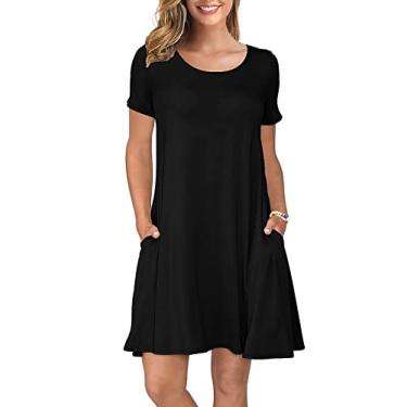 Imagem de KORSIS Vestidos de verão para mulheres, casuais, camisetas, vestidos rodados, para férias na praia, vestidos de verão com bolsos, Preto, GG