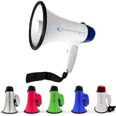 Imagem de Technical Pro 20 Watts Leve Portátil Alcance 300M Megafone Bullhorn Branco e Azul com Alça, Sirene e Controle de Volume, Bom para Treinadores, Futebol, Beisebol, Treinadores