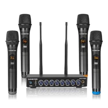 Imagem de Sound Town Sistema misturador de karaokê de microfone sem fio de 200 canais, com 4 microfones portáteis de metal, óptico (Toslink), AUX, para Smart TV, Home Theater, Sound Bar (SWM16-4MEGA)
