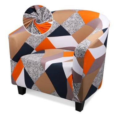 Imagem de Treaful Capas para cadeira barril, 1 capa de cadeira de clube elástica laranja/cinza com braços, capa de poltrona redonda macia e removível para sofá, protetor de móveis para bar, sala de estar,