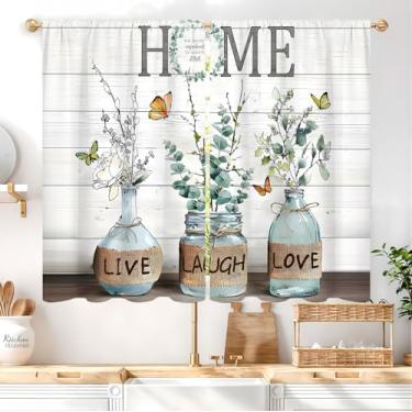 Imagem de Cortina de cozinha de folhas verdes de eucalipto 66 cm L x 76 cm 2 painéis com bolso de haste fazenda country vintage retrô rústico de madeira pequena curta cortina para janela para plantas tratamento