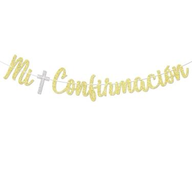 Imagem de Faixa Mi Confirmacion - Mi Comuniòn Decor, God Bless Banner Baby Shower, decorações de festa da primeira comunhão com glitter dourado