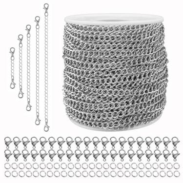 Imagem de YZDTECH Corrente De Meio-Fio De Aço Inoxidável Prateado De 55 Pés Para Fabricação De Joias, Correntes De Elos Trançados Com Carretel Para Etiqueta De Cachorro, Chaveiro, 100 Peças De Argolas De Salto