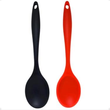 Imagem de Kit 2 Colheres de Silicone de 27 cm, Preta e Vermelha, Resistente não risca a Panela.