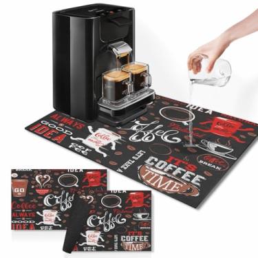 Imagem de Tapete de café para bancadas, tapete de secagem de pratos vermelho abstrato engraçado desenho animado 2 peças para cozinha acessórios de cafeteria, máquina de café expresso escorredor de pratos esconder manchas de borracha com suporte 30,5 x 48 cm