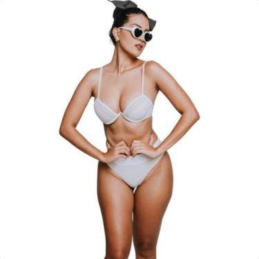 Imagem de Biquíni Meia Taça Feminino Push Up Levanta Seios Cós Alto Cintura Alta