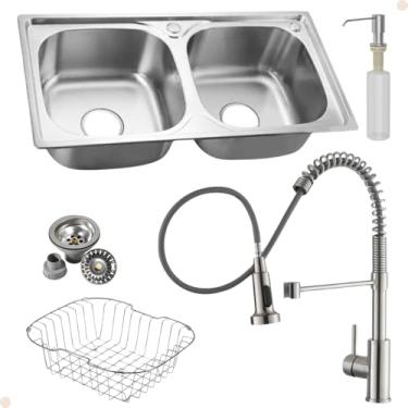 Imagem de Kit Cuba Dupla Inox + Acessórios Com Torneira Gourmet Misturador Monocomando Extensível Aço Escovado