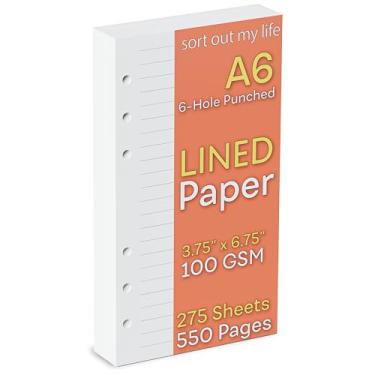 Imagem de Papel pautado A6 perfurado com 6 furos, 275 folhas (550 páginas), 100 g/m², enchimentos de refil de fichário, 9 x 16,75 cm