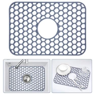 Imagem de Bestjing Tapete protetor de pia de silicone com ralo central - acessório de pia de cozinha de 46 x 32 cm, tapete antiderrapante resistente ao calor para parte inferior da fazenda porcelana aço