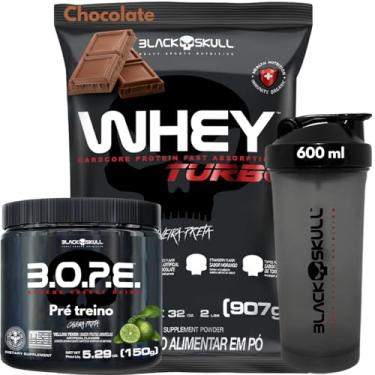 Imagem de Whey Protein 907g + Pré-Treino 150g + Coqueteleira - Kit Black Skull Whey Protein Concentrado Trubo + Bope Pré-Treino 150g + Coqueteleira 600ml Caveira Preta (Whey Chocolate - Bope Limão)