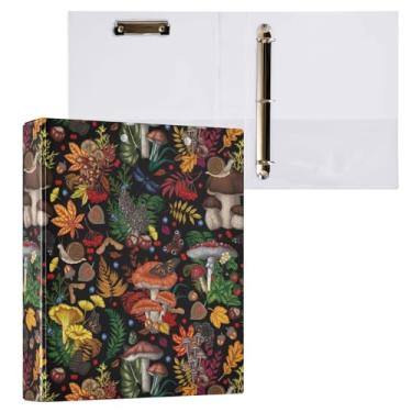 Imagem de Fichário de 3 anéis, folhas de borboleta de cogumelo, preto, 3 cm, tamanho A4, capa dura decorativa, com 2 bolsos internos, organizador para casa, escola, material de escritório