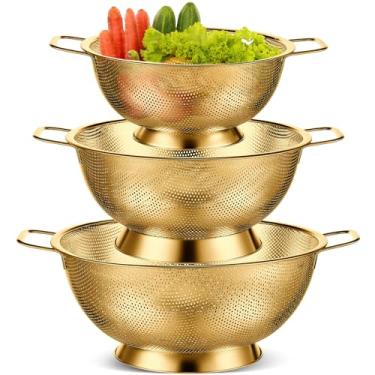 Imagem de 3 escorredores Bokon de aço inoxidável, tigela e peneira de 900 ml, 2,9 l e 4,7 l, cesta de tela de metal com alça, escorredor de macarrão para drenagem de alimentos e escorrer macarrão (Dourado)