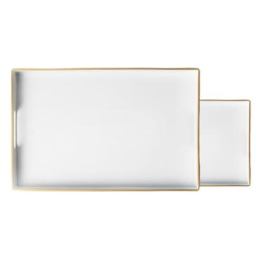 Imagem de Conjunto de 2 bandejas de servir retangulares brancas, bandejas decorativas de plástico com alças, bandejas de festa para comida, mesa de centro, otomano, banheiro e sala de estar