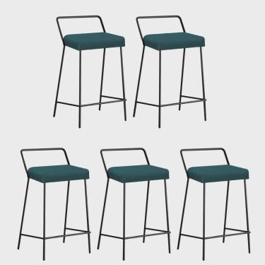 Imagem de Kit 05 Banqueta Alta Com Encosto Donna Industrial Cozinha Bistrô Ferro Preto Suede Azul Turquesa - Ahz Móveis
