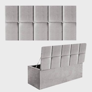 Imagem de Kit Painel Cabeceira Estofada e Calçadeira Baú Recamier Turquia 160cm Queen Size Corino...