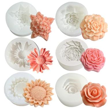 Imagem de ZPARNO Pacote com 6 moldes de vela para fazer velas, moldes para velas, moldes de flores de silicone para velas perfumadas faça você mesmo, cera de soja, bolo, sabonete, fundição de resina