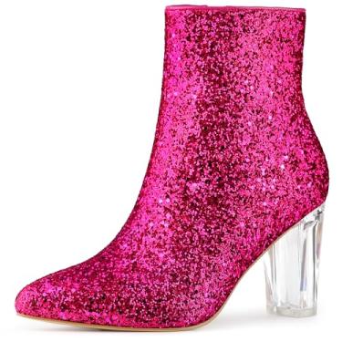 Imagem de Allegra K Botas femininas de cano curto com glitter e salto bloco transparente, Rosa choque, 37