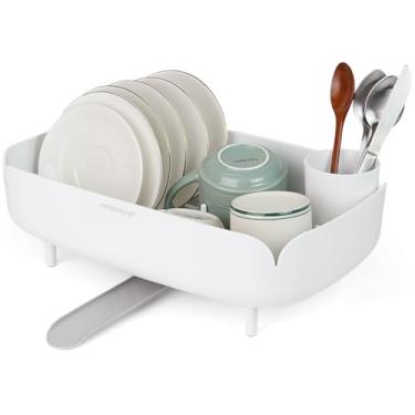 Imagem de carrotez Escorredor de pratos compacto com suporte de talheres portátil, dreno angular, escorredor de pratos ideal para balcão de cozinha, metade para pratos e metade para copos ou copos, 24 cm L × 40