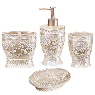 Imagem de Zahari Home 4pc Rose Vine Bathroom Accessories Sets Lotion Pump, Tumbler, Tooth Brush Holder and Soap Dish Unique Design Beige Bathroom Set
