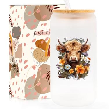 Imagem de Teeglow Copos de vidro fosco Highland Cow Gifts 473 ml - Highland Cow Stuff Animal Coffee Lover Gifts for Women, Girls Cup