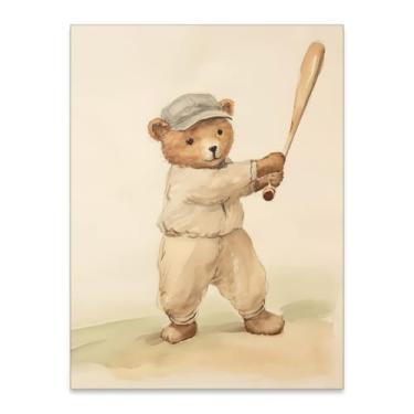 Imagem de WLZWD Pôster de lona de urso de pelúcia jogando beisebol bonito retrô animal esportes arte de parede vintage minimalistas impressões de bebê para quarto de crianças decoração de parede de berçário