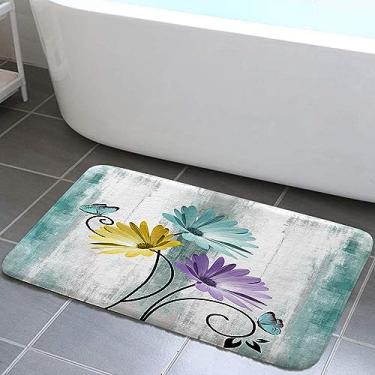 Imagem de VeiVian Tapete de banheiro rústico, fazenda ciano margarida floral flores borboleta país tapete de banho de madeira para banheiro, cinza branco tapete de banho macio antiderrapante, 48 x 78 cm