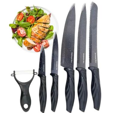 Imagem de Conjunto de Facas Aço Inox de Cozinha Profissional, 6 Peças, Lâminas Pretas