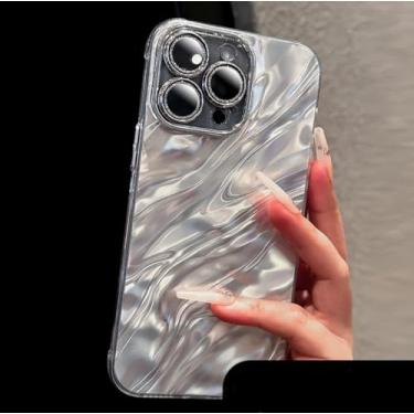 Imagem de Capa de celular luxuosa com revestimento 3D de ondulações d'água para iPhone 15, 14 Pro Max, 13, 12 e 11, com glitter, lente de câmera, capa rígida protetora à prova de choque, prateada, para iPhone