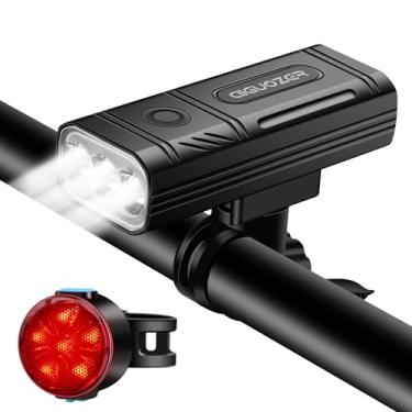 Imagem de GOLDFOX Luzes de bicicleta com luz traseira inteligente para andar à noite, conjunto de farol e lanterna traseira recarregável por USB de 3000 lúmens, acessórios de bicicleta à prova d'água para