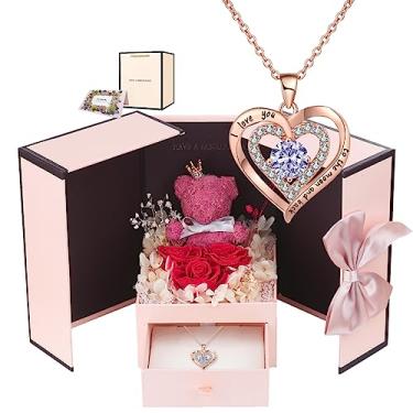Imagem de Anish Caixa de presente de rosa real preservada com colar de coração para mãe, namorada, esposa no Natal, aniversário, dia das mães, aniversário e dia das mães, dia dos namorados, ideias para ela..