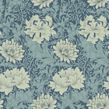 Imagem de VEELIKE Papel de parede floral de crisântemo papel de parede vintage William Morris para quarto 48 x 395 cm, papel de parede com flores removíveis pré-colado, papel de contato floral azul para