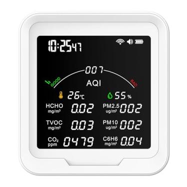 Imagem de Medidor portátil de qualidade do ar HCHO/TVOC/CO2/PM2.5/PM10/AQI/C6H6 Testador de temperatura e umidade de 12 cm, tela grande, detector de dióxido de carbono com visor de hora e função de despertador