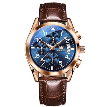 Imagem de OLEVS Relógios masculinos com pulseira de couro, relógio analógico de quartzo, moderno, mostrador grande, data, relógio à prova d'água, vestido luxuoso, luminoso, masculino, Face azul/pulseira de