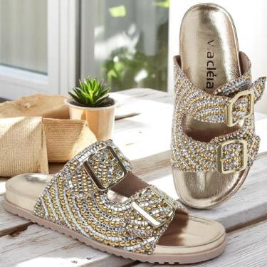 Imagem de Rasteira Papete Feminina Com Pedrarias Luxuosas De Couro Premium Via C