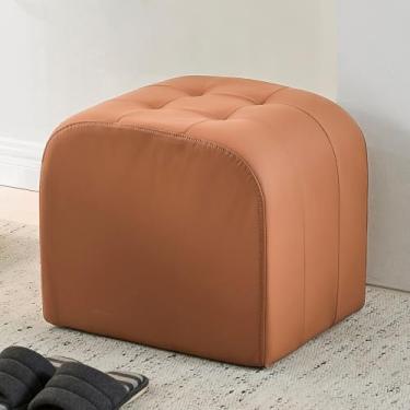 Imagem de CozyDH Apoio para os pés otomano de couro, banco de pés marrom, assento otomano pequeno com moldura de madeira, para sala de estar, quarto, escritório, hall de entrada