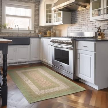 Imagem de Super Area Rugs Tapete trançado de fazenda de 9 x 1,5 m - Tapete de algodão macio natural para sala de estar - Tapete de tecido country primitivo - verde/creme/marfim