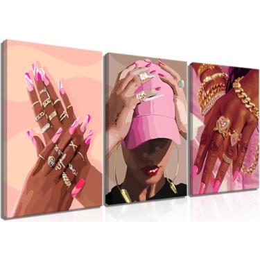 Imagem de Conjunto de 3 decoração de arte de parede em tela afro-americana, fotos de mulheres negras, moda rosa, pinturas de pôsteres de meninas negras, impressões para sala de estar, quarto, decoração de casa