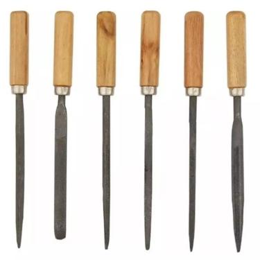 Imagem de Kit Jogo 6 Lima Agulha Afiador Triangular Reparo Ourives Cabo Em Madeira