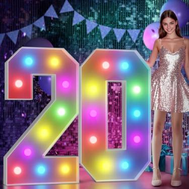 Imagem de Decoração de aniversário de 20 anos com números de letreiro: colorido 1,2 m grande iluminado, decorações de aniversário de 20 anos, pano de fundo para meninos e meninas, placa de papelão, 18 cores