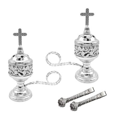 Imagem de Queimador de incenso prateado com pinça – Conjunto de 2 peças para incenso de incenso de carvão e aromaterapia, ioga, spa, decoração de casa e uso de igreja – Suporte Bakhoor compacto e durável