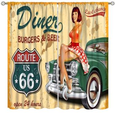 Imagem de Fblifil Cortinas Vintage Car Route 66, Placa de Cafe Diner Vintage Senhora Sentada em Um Carro Rodovia Nostálgico Grunge Tema Sala de Estar Quarto Cortinas de Janela 107 cm L X 114 cm C