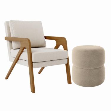 Imagem de Kit Poltrona E Puff Decorativo Escritório Sala Recepção Aira linho Bege