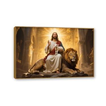 Imagem de SDYJ6GSW Jesus e leão imagem de parede Cordeiro de Deus imagens pôsteres arte para sala de estar quarto igreja decorações 90 x 60 cm (36 x 24 pol) moldura teca