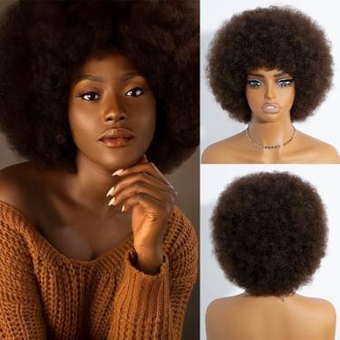 Imagem de Rebecca Q Perucas De Cabelo Humano Afro, Peruca Curta Afro Dos Anos 70 Para Mulheres Negras, Peruca Curta Crespa E Cacheada Sem Cola Com Franja Para Cosplay Diário E Festa (Marrom)