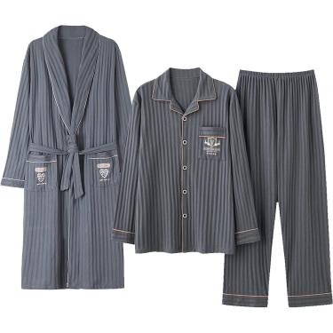 Imagem de Pijama masculino define algodão de manga comprida, manga longa de tecido de tecido de botão com roupão de banho e calça superior de 3, cinza escuro 3, xl