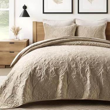 Imagem de EVERGRACE Conjunto de colcha de veludo pérola de luxo King Size 3 peças, conjunto de edredom de veludo macio de ponto paisley com fronhas, conjunto de cama leve, natural