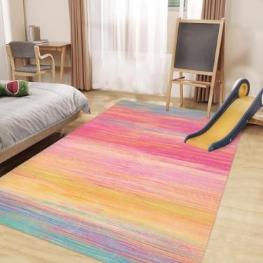 Imagem de USTIDE Tapete Infantil Arco-Íris 4X6 Pés Rosa Para Quarto De Meninas, Carpete Macio Lavável, Sala Estar, Listrado Colorido, Jogos